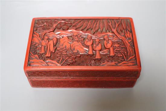 A Chinese cinnabar lacquer box, Qing Dynasty, the cover carved with deity, width 18cm, some restoration